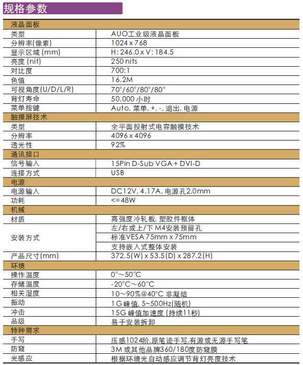 15寸电容触摸显示器规格参数