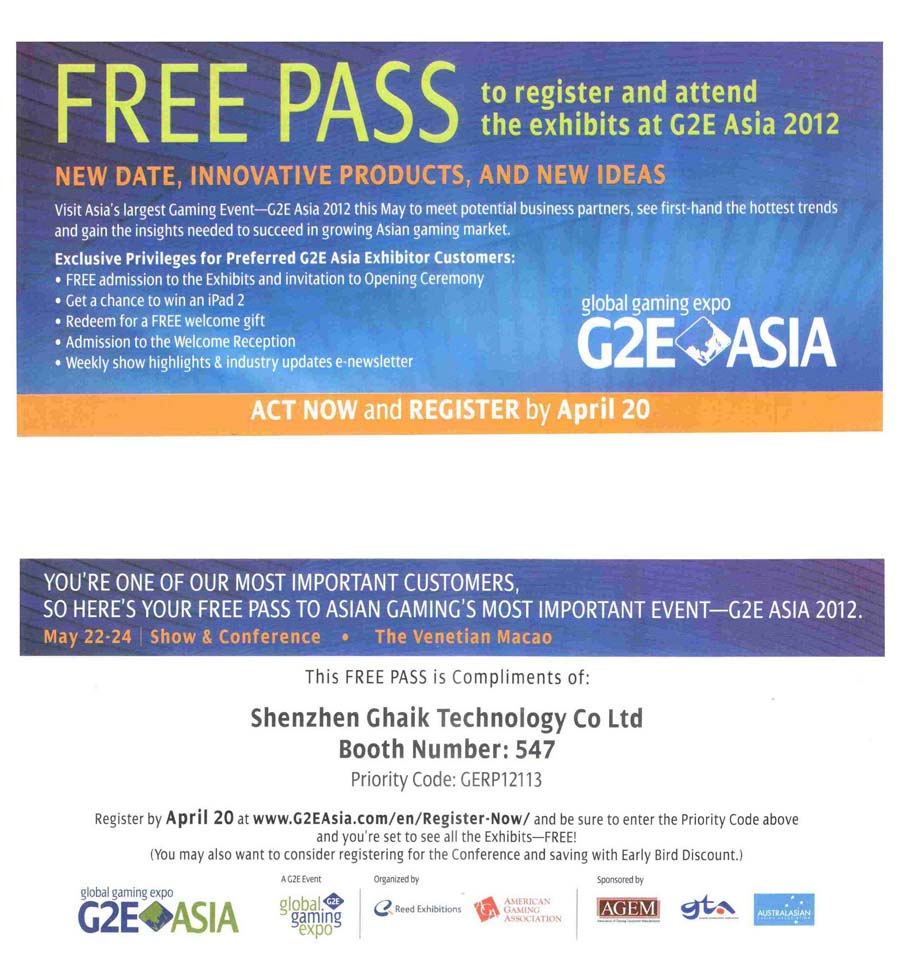 Ghaik invite you to attend G2E show 2012